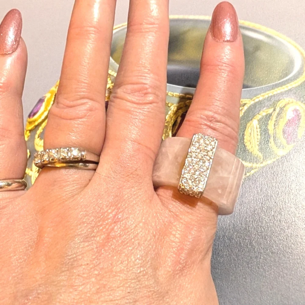 Vintage Myanmar Pink Jadeite Ring with CZ Accents - Picture 8 of 8